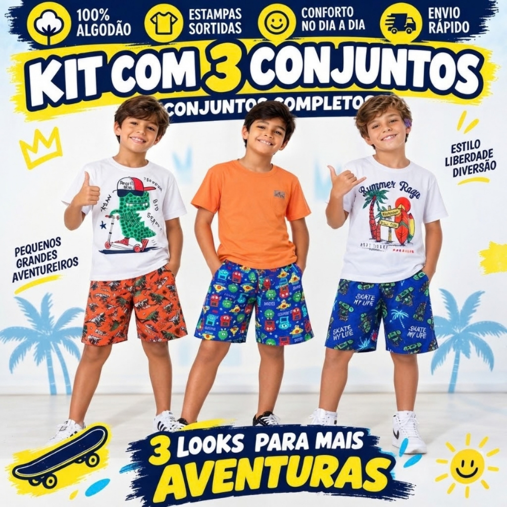 Kit 6 Peça Premium Conjunto Infantil Juvenil Menino Verão Bermuda e Camiseta Masculino Algodão 1ao16