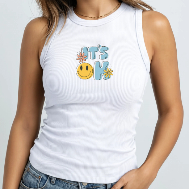 Regata Blusa Feminina Ribana Canelada Estampa IT"S OK Estilo Verão Casual.