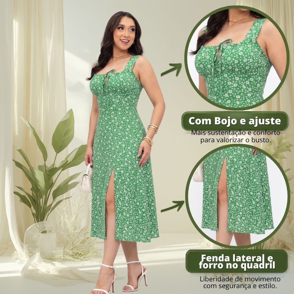 Vestido Midi Floral Fenda Frontal Laço Decote Disponivel no M e G - Feito do Tecido Duna Alça Grossa