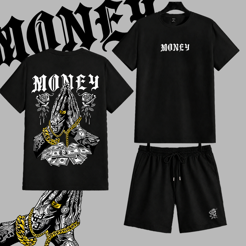 Conjunto Masculino Camiseta Money Estampada + Short Tactel Estilo Streetwear