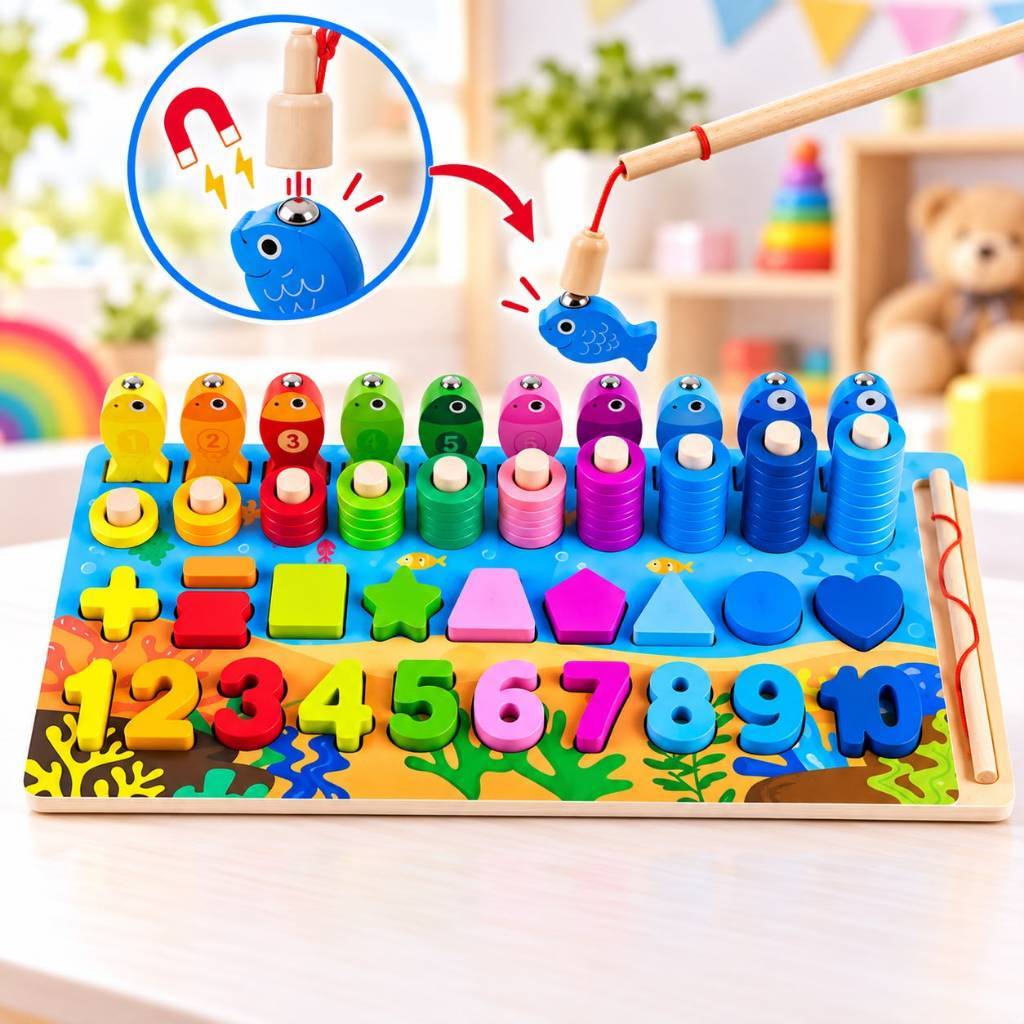 Brinquedo Educativo De Encaixe E Pescaria Magnético de Madeira Montessori Colorido
