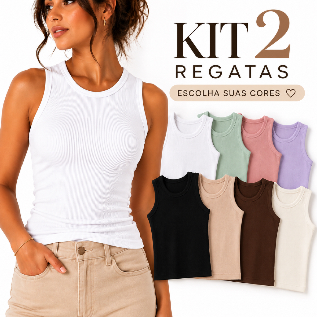 Kit 2 Regatas Femininas Caneladas Ribana Blusa Básica Gola Redonda Americana Sem Manga