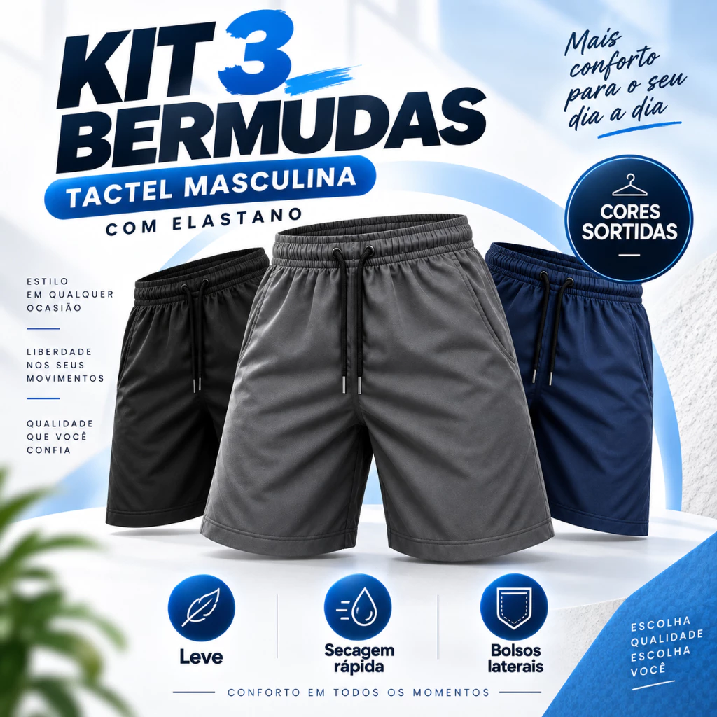 Kit 3 Bermudas Tactel masculino com Elastano