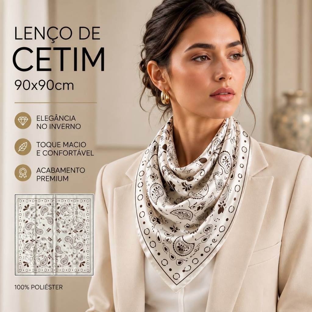 Lenço Feminino 90x90cm Quadrado em Cetim Toque Suave Elegante Versátil para Cabelo Pescoço Bolsa e Moda