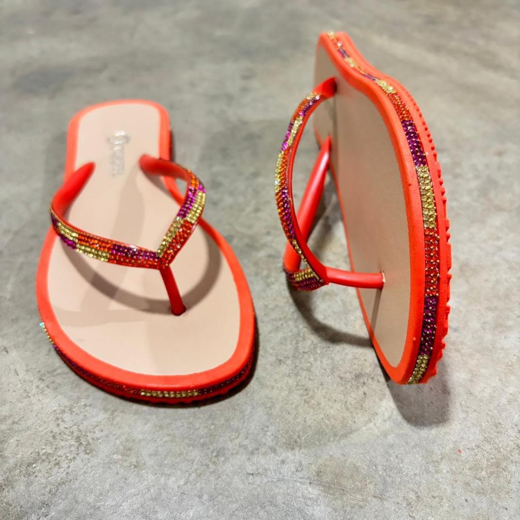 Chinelo Feminino Correia Com Strass Macio Confortável Glitter Moda Verão Tendência Laranja