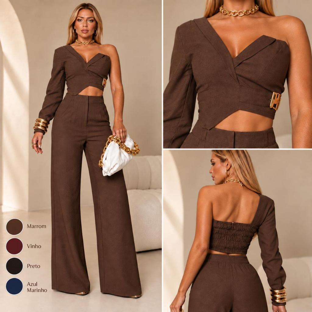 Conjunto Feminino Alfaiataria Cropped Assimétrico com Fivela + Calça Pantalona Cintura Alta Elegante
