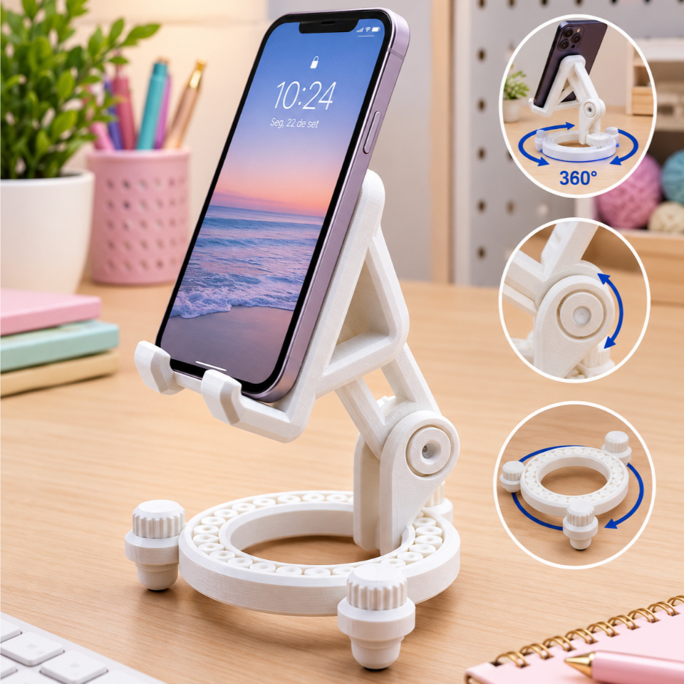 Suporte de Mesa para Celular 360° – Ajustável e Articulado | Impressão 3D
