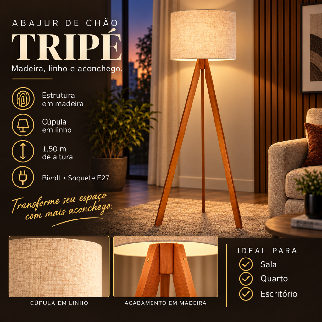 Abajur De Madeira Rustico Tripe Lindo Alto Decorativo Bivolt