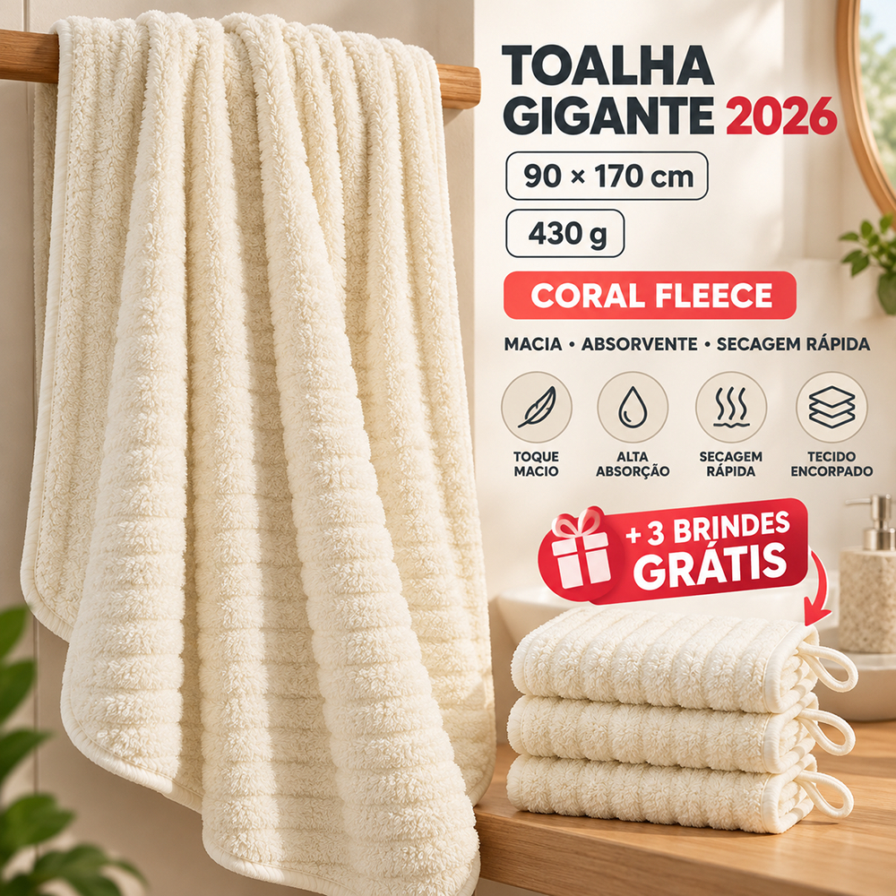 Toalha de Banho Grande e Grossa 90x170cm 430g Coral Fleece +3 Toalhinhas Grátis Só Agora Macia, Absorvente e Seca Rápido
