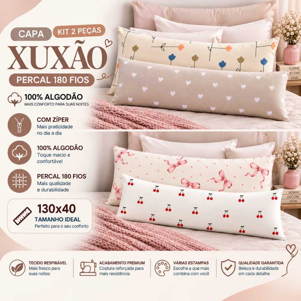 Kit 2 Fronhas Xuxão Com Zíper,Algodão,Travesseiro de Corpo e Gestante,Par Capa para Xuxão com zíper
