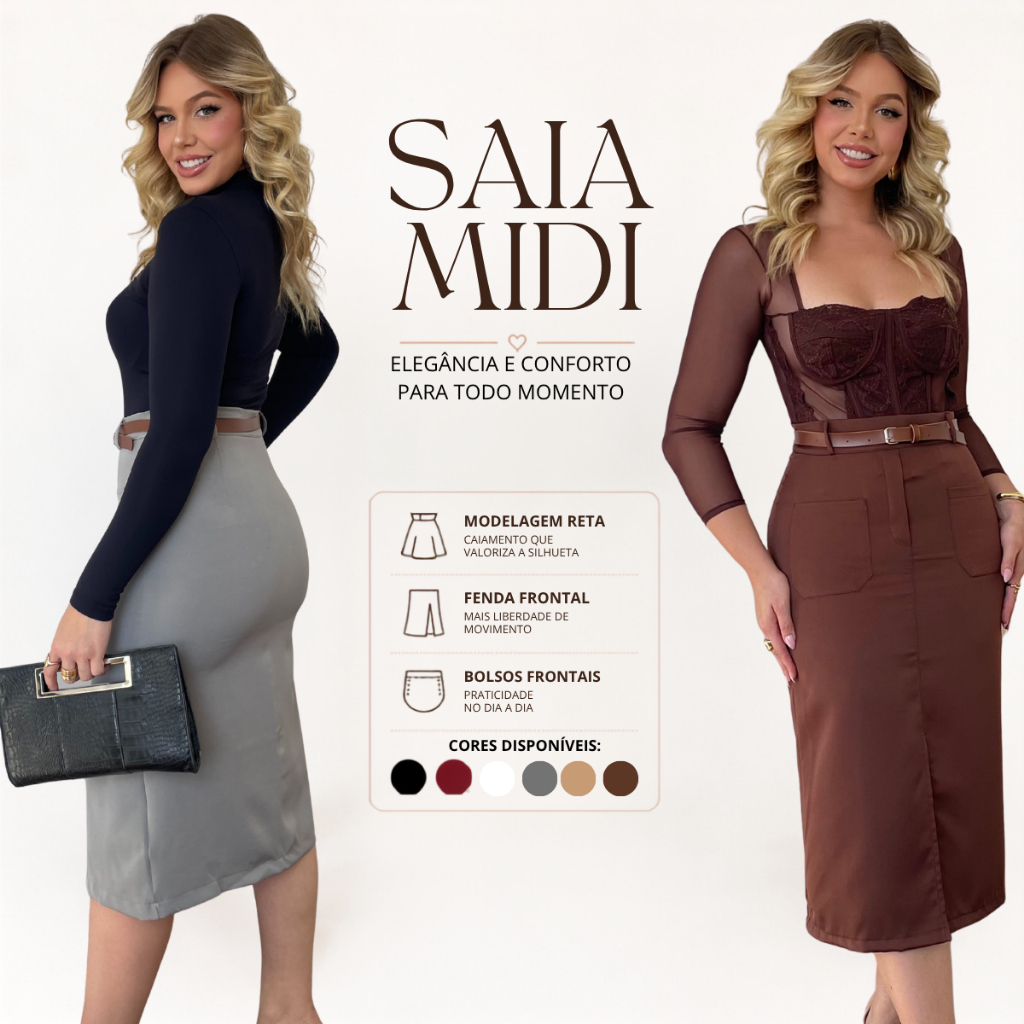Saia Midi de Alfaiataria Com Cinto Moda feminina Elegante Tecido premium