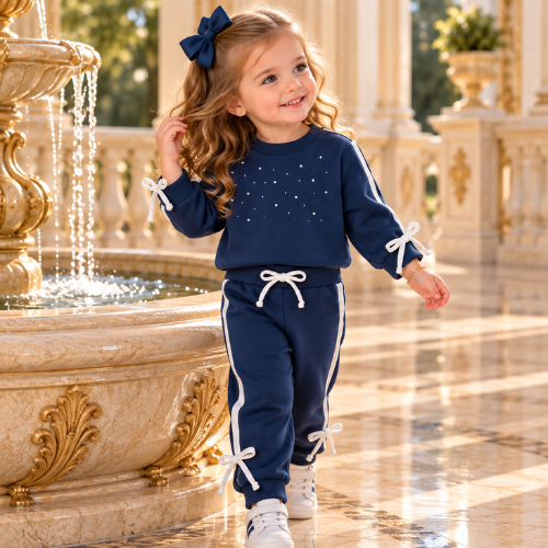 Conjunto Bebê Menina Moletom Azul Marinho com Pérolas Delicado Inverno Confortável Moda Bebê Estilosa Brokinha