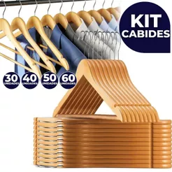 Kit 30/40/50/60 Cabides De Madeira Premium Marfim Para Roupas Calça Gancho Cromado