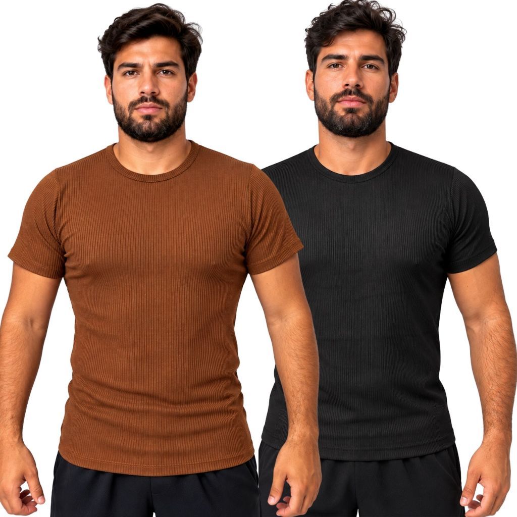 Camiseta Masculina Canelada Slim Manga Curta Básica Academia Confortável Unidade e Kit