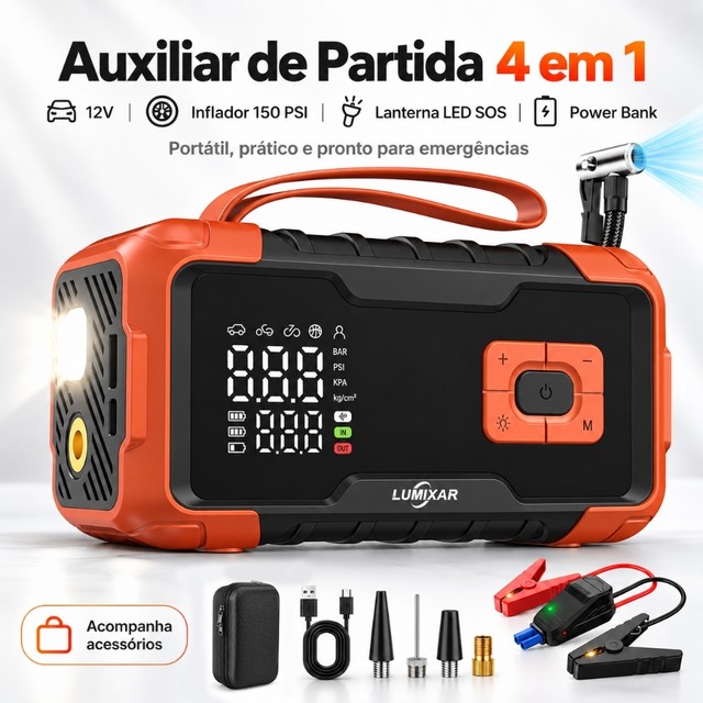 Kit Auxiliar Partida 4 em 1 26800mAh 150PSI Compressor Ar Power Bank Lanterna Carregador 12V Portatil Veicular
