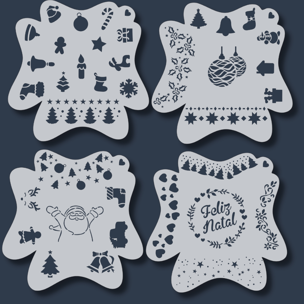 Kit 4 Stencil 37 Desenhos Feliz Natal Papai Noel Árvore Símbolos Natalinos para Pintura Tecido Mdf