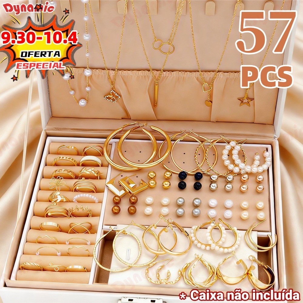 Kit 57 de Joias Femininas 57 Peças Colares Brincos e Anéis Dourados A Prova d'Água Presentes Surpresas DY