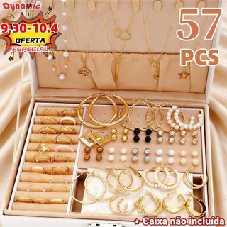 Kit 57 de Joias Femininas 57 Peças Colares Brincos e Anéis Dourados A Prova d'Água Presentes Surpresas DY