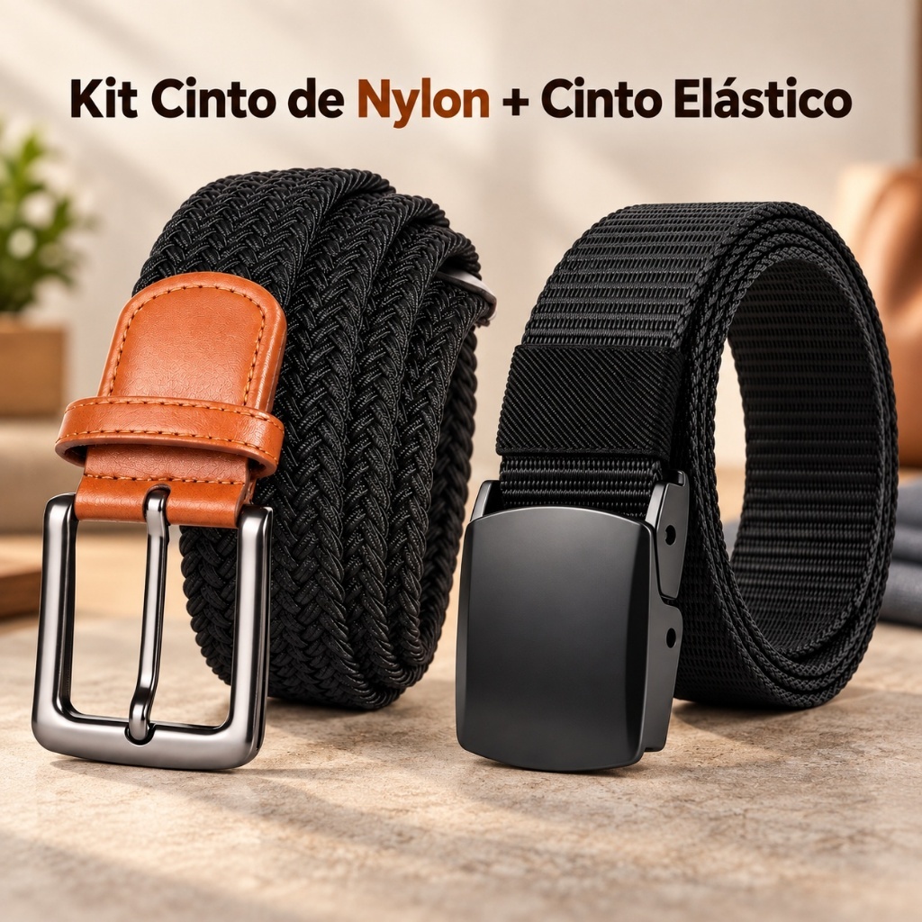 Kit 2 Cintos Unissex 120cm Nylon + Elástico Trançado Ajustável com Fivela Automática para Jeans e Calça