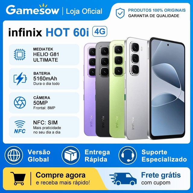 INFINIX HOT 60i, INFINIX HOT 50i, Versão Global, 256GB e 4GB RAM, Processador MediaTek Helio G81, Bateria 5000Mah