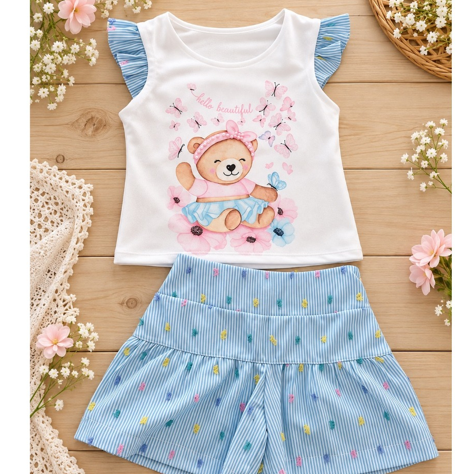 Conjunto Infantil Feminino Blusa com Babado e Shorts Estampado Ursinha Bordada TAM 1/3 REF1666