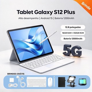 【Teclado e mouse gratuitos】Tablet  Galaxy S12 Plus Tab Pad Memoria 16GB+512GB 12.8 PolegadasTela Grande Android Dual SIM