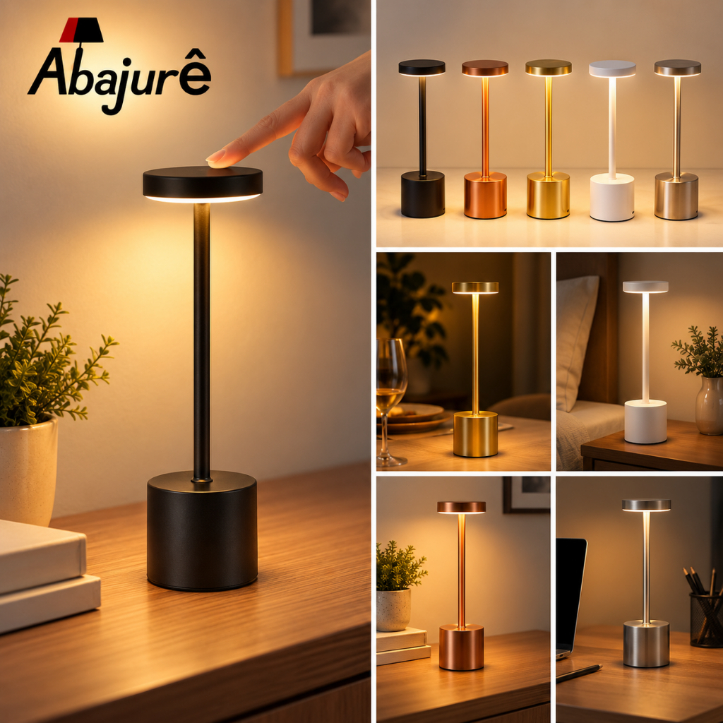 Luminária de Mesa Abajur Cabeceira Escrivaninha LED 3 em 1 Recarregável Tipo C Preto Cromado Dourado