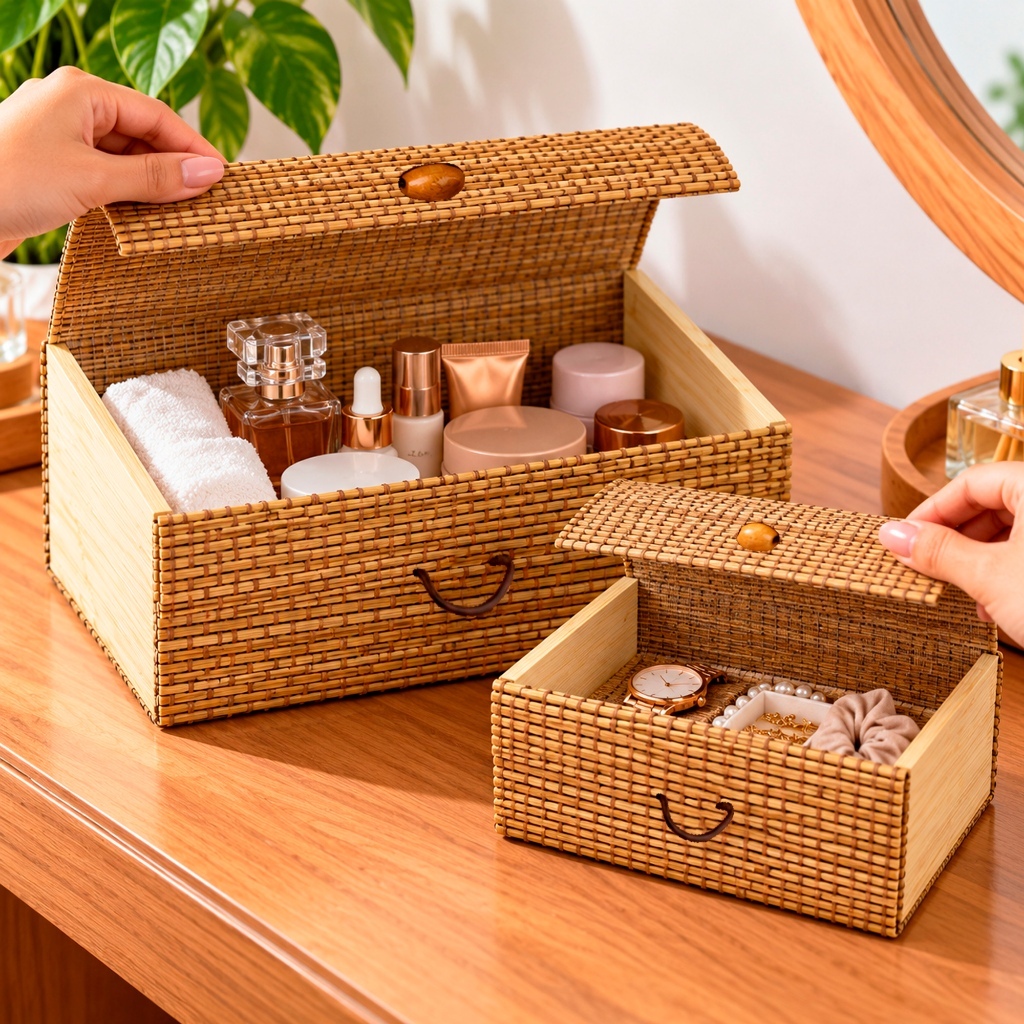 Kit Porta Joias Conjunto 2 Caixa Organizadora Objetos Bambu Retangular Ecológico Baú Decorativo