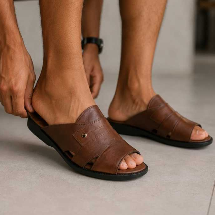 Chinelo Masculino Sandália Idoso Couro Legítimo Confortável e Elegante
