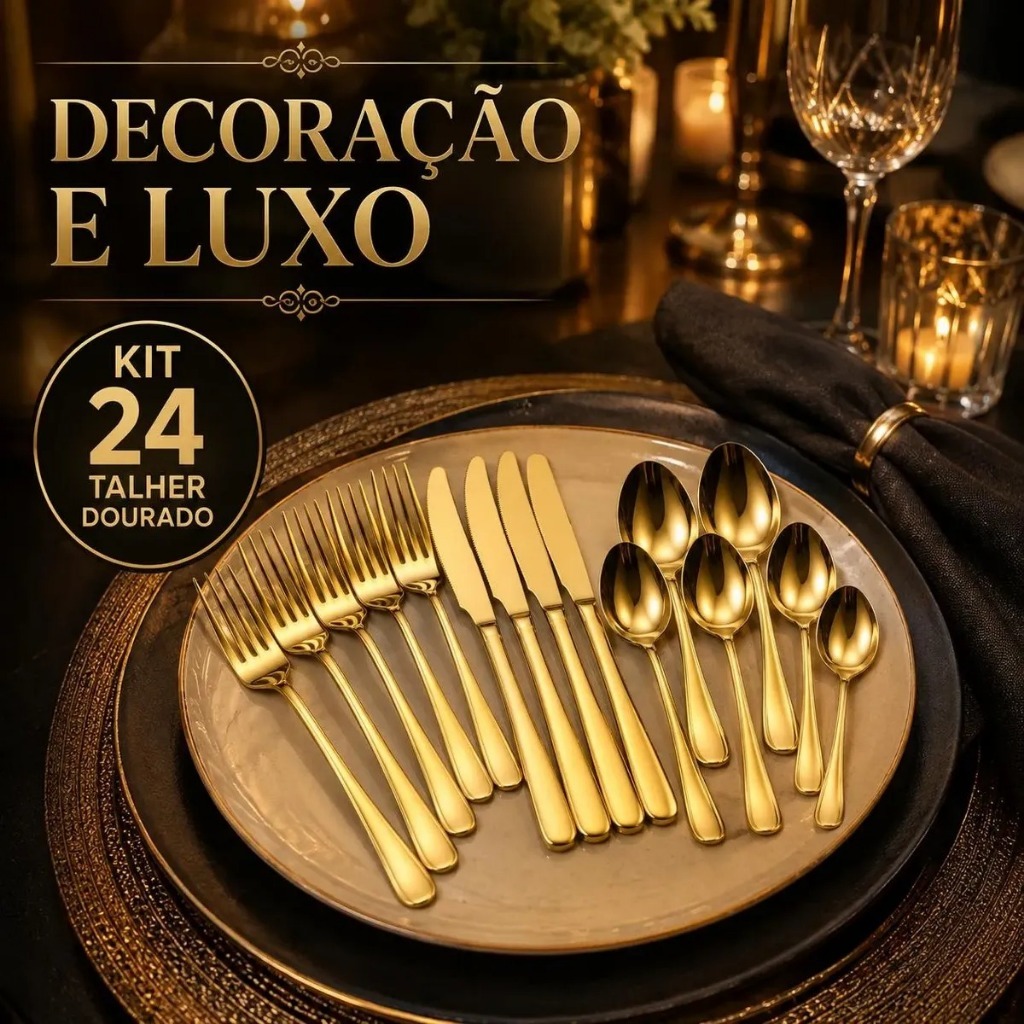 ✨ Kit Talheres Dourados 24 Peças 🍴 Aço Inox Resistente | Mesa Posta Luxuosa