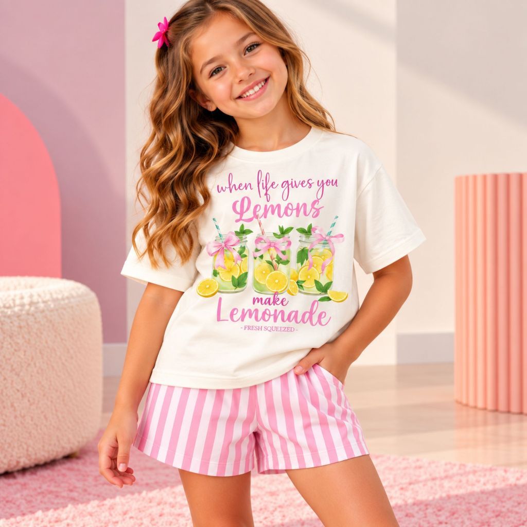 Conjunto Feminino Estilo Gringo Infantil Estampado Verão Limonada Dolce Vita Shorts T-Shirt Meninas