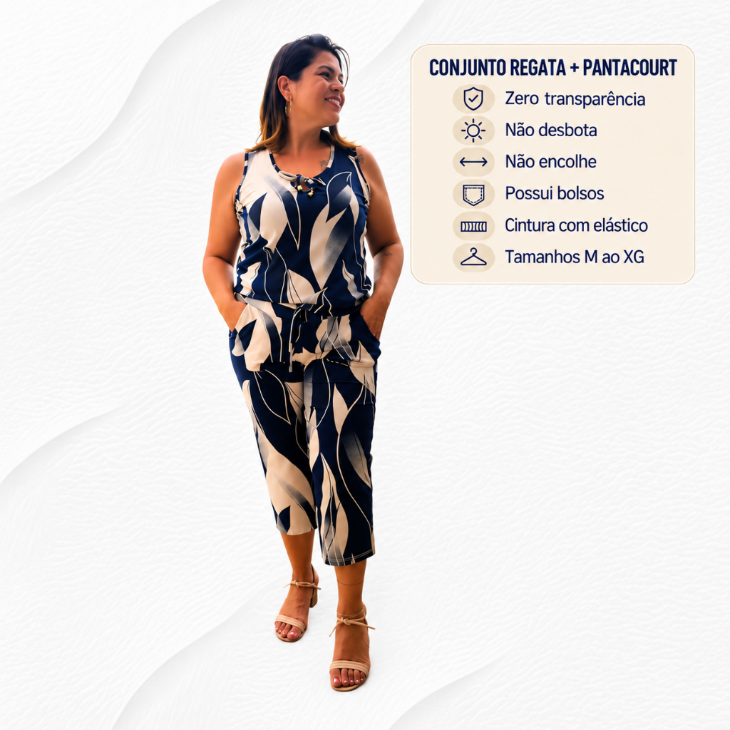 Conjunto Feminino Regata e Calça Pantacourt Viscolycra Confortável M G GG XG Plus Size