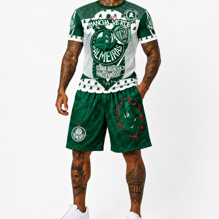 Kit Camisa + Shorts Palmeiras Mancha Verde Masculino Torcida Verdão Palestra