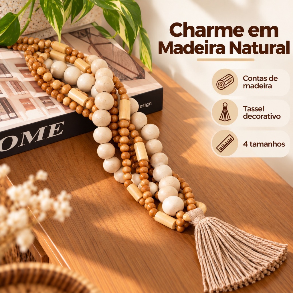Colar de Mesa Decorativo com Contas de Madeira Rústicas Casa da Dê c/ Tassel para Rack Mesa de Centro Aparador Sala Boho