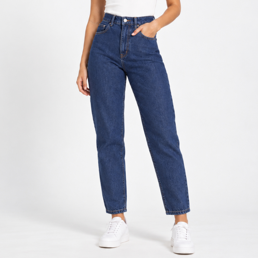 Calça Jeans Feminina Cintura Alta Calça Mom Jeans Levanta Bumbum Perna Larga Com Bolso Premium Marmorizada Wid Leg — imagem 2 de 2