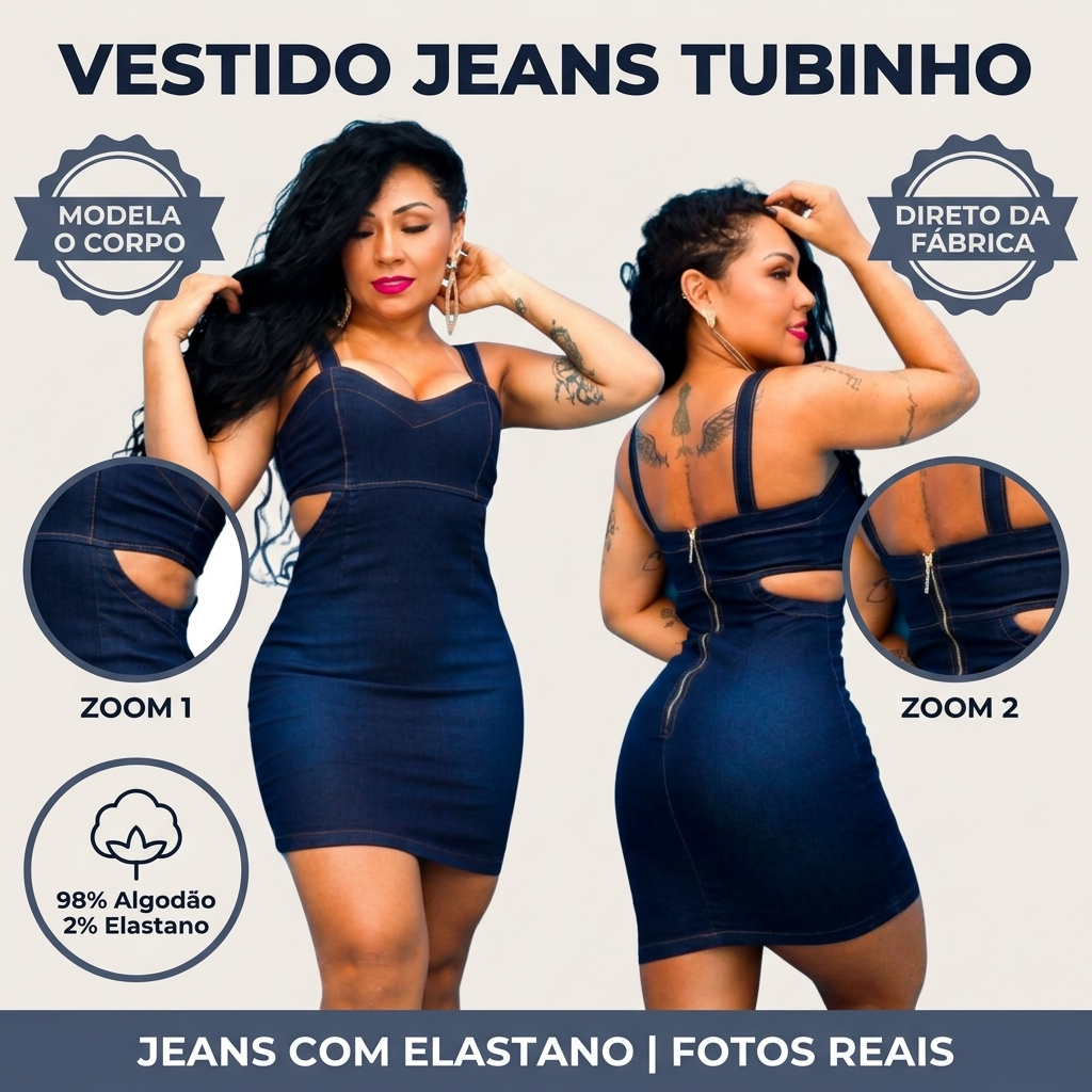 Vestido Jeans Feminino Curto Alça Com Lycra Recorte Lateral Modela O Corpo