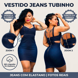Vestido Jeans Feminino Curto Alça Com Lycra Recorte Lateral Modela O Corpo