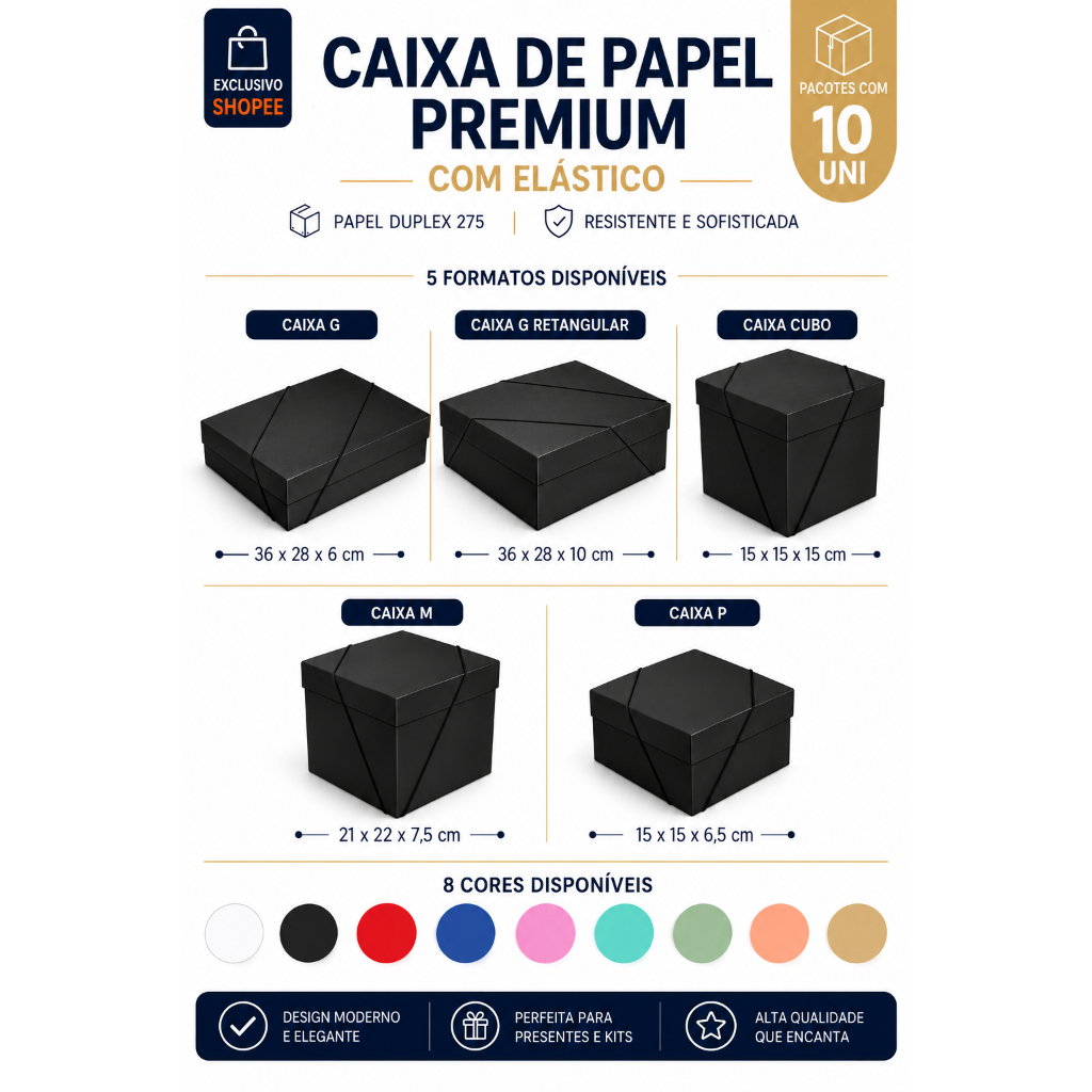 Caixa de Papel Premium Para Presente 5 Formatos 10 cores lisas disponivies pacotes 10 uni