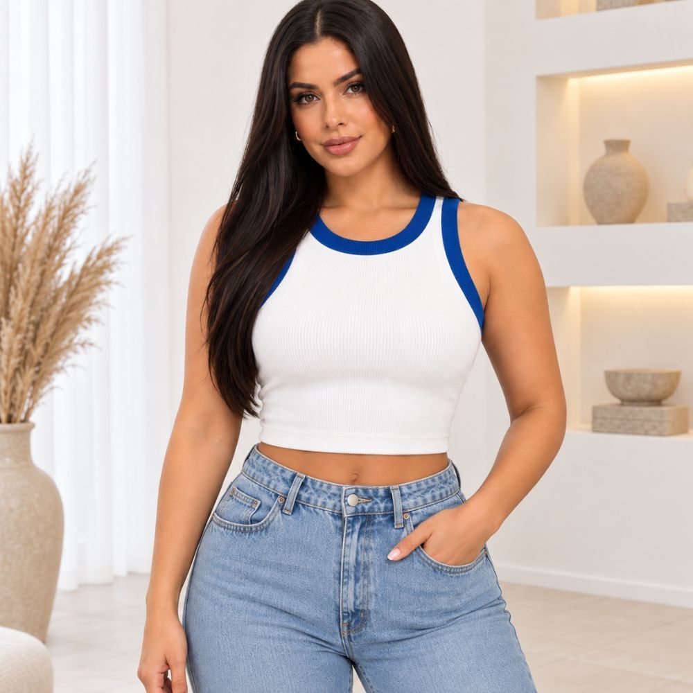 Kit 4 Blusa Feminina Cropped Copa Seleção Regata Gola Redonda Malha Canelada Básica Poliéster