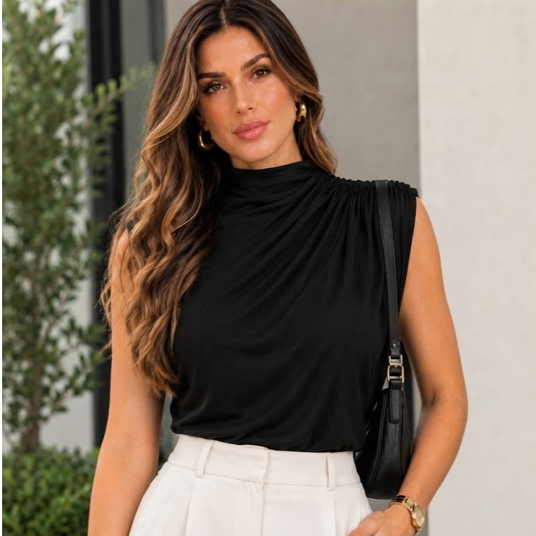 Blusa Feminina Estilosa Elegante Gola Alta Confortável Casual Chique Sem Manga Tendência Verão