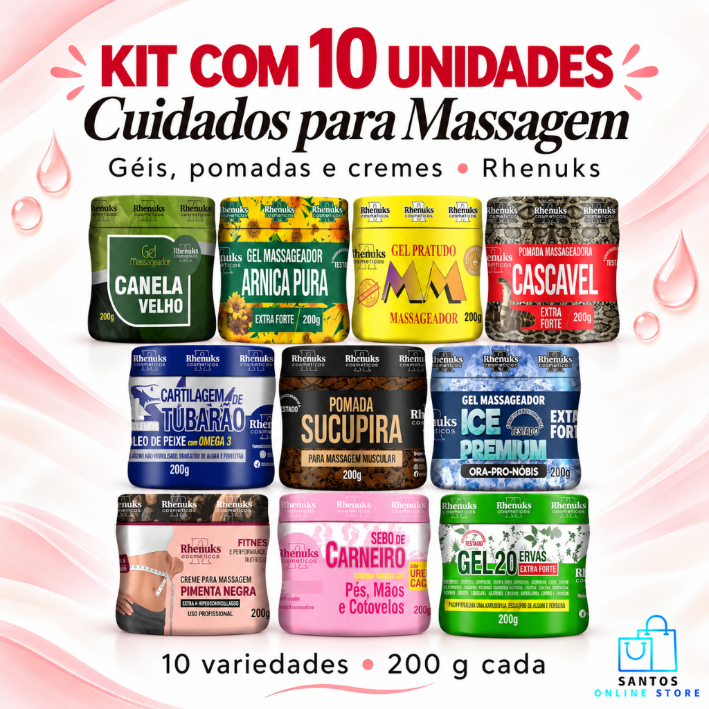 Kit 10 Pomadas e Géis Massageadores Rhenuks 200g Variados - Alivio Rápido, Cansaço, Relaxante