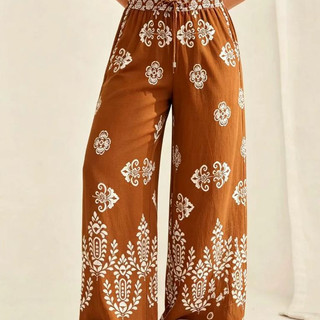 Calças Femininas De Perna Larga Com Estampa Calça Verão Feminina Calça Boho Praia Estampa total Floral Plantas Bolso Bot