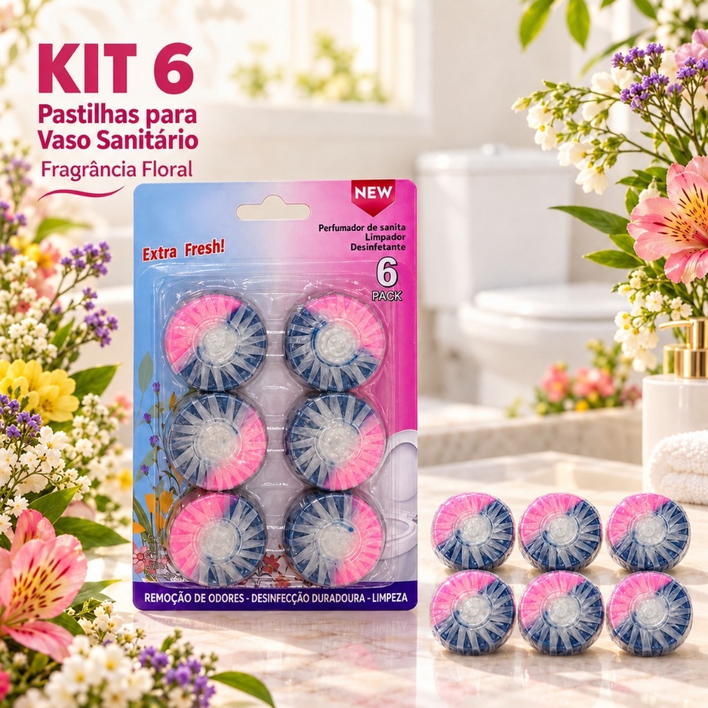 Kit 6 Pastilhas Sanitárias para Caixa Acoplada Limpa Vaso a Cada Descarga Remove Manchas Aroma Oceânico Floral