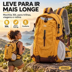 Mochila de Trilha 30L Unissex para Viagem, Trabalho e Rotina Aprox. 0,6 kg Leve e Confortável
