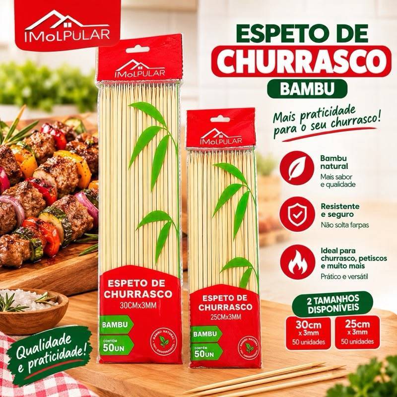 Espeto de Churrasco Bambu 50 Unidades 25cm ou 30cm