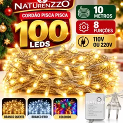 Cordão Pisca Pisca De Natal Fio Transparente 100 Lâmpadas Led 10mts Cor 8 Funções Varias Cores 110/220v