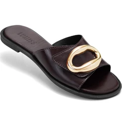 Rasteira Feminina Lumiss Slide Tira Larga Bico Redondo Confortável Enfeite Dourado Casual Elegante