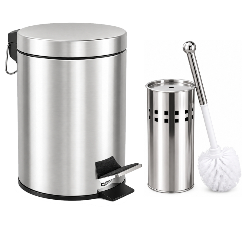 Lixeira Inox 12/5/3L + Escova Sanitária Cesto Removível Alça Pedal para Banheiro Aço Inoxidável