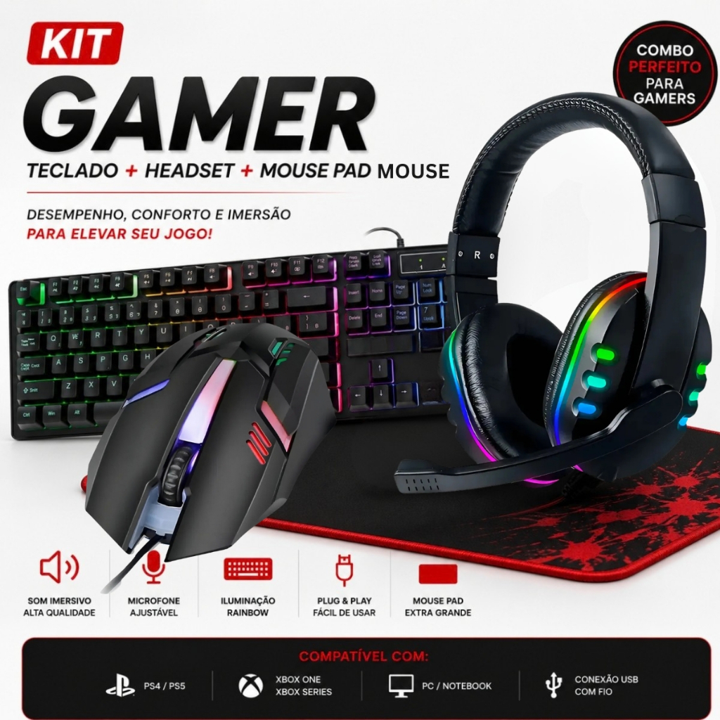 Kit Gamer Completo Teclado Mouse Led Rgb Mouse pad e Fone de ouvido Headset para Pc e mobilador