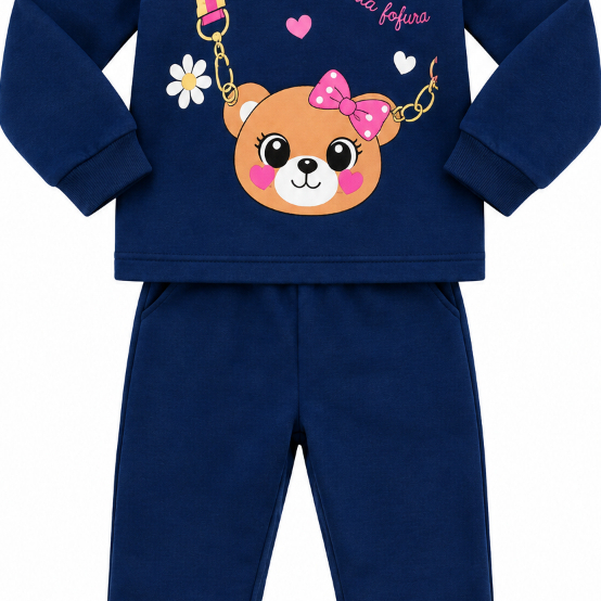 Conjunto Infantil Moletom Menina Ursinha Fashion Azul Marinho Inverno Quentinho e Confortável